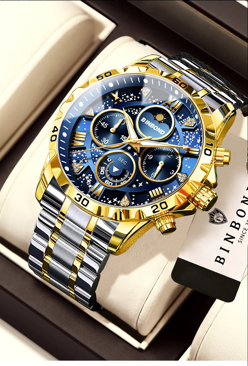 BINBOND Original Chnorograph Quartz Man Watch Waterproof Luminous Luxury Reloj Hombre Stainless Steel Moon Phase Men's Watches