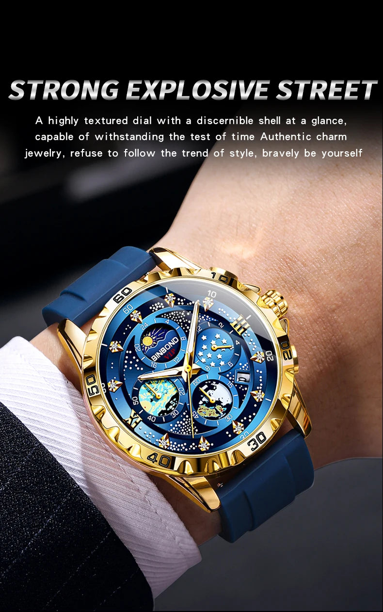 BINBOND Luxury Quartz Watches For Men Luminous Waterproof Auto Date Chronograph Men's Watch Business Sport Fashion Casual Reloj