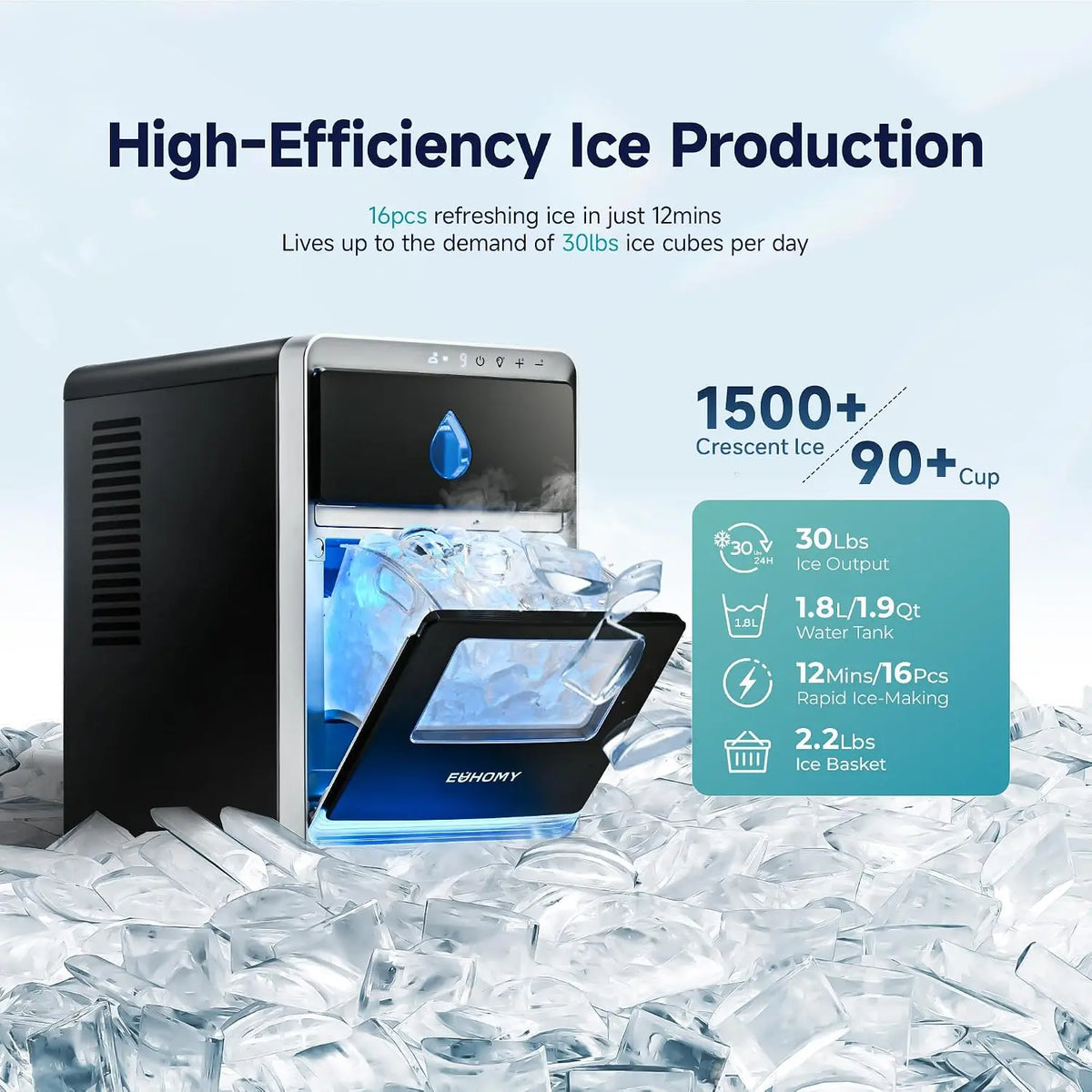 LunaArc Crescent Ice Maker Countertop, 16Pcs Ready in 12Mins, 1600Pcs/Day, Auto Deep Cleaning, Timer, Adjustable Ice Thickness,
