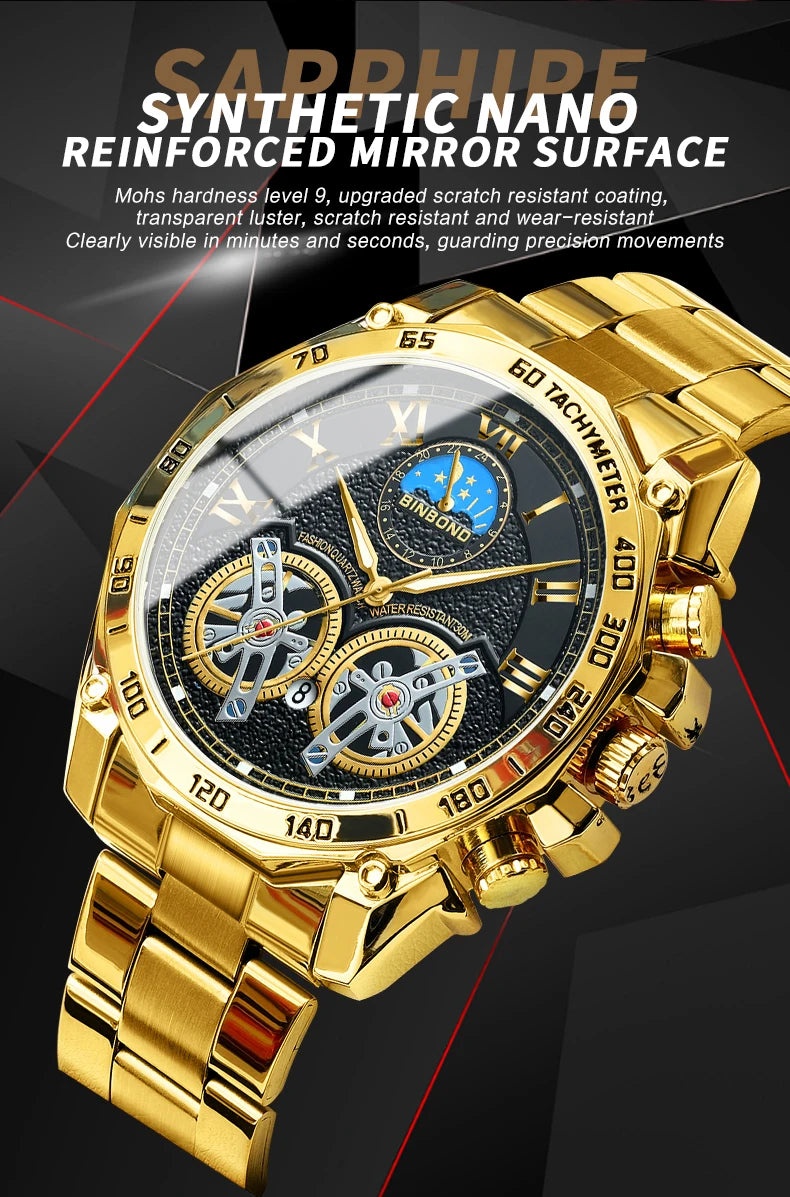 BINBOND Luminous Quartz Watches for Men Luxury Waterproof Accurate Auto Date Men's Watch Sturdy Stainless Steel Casual Reloj