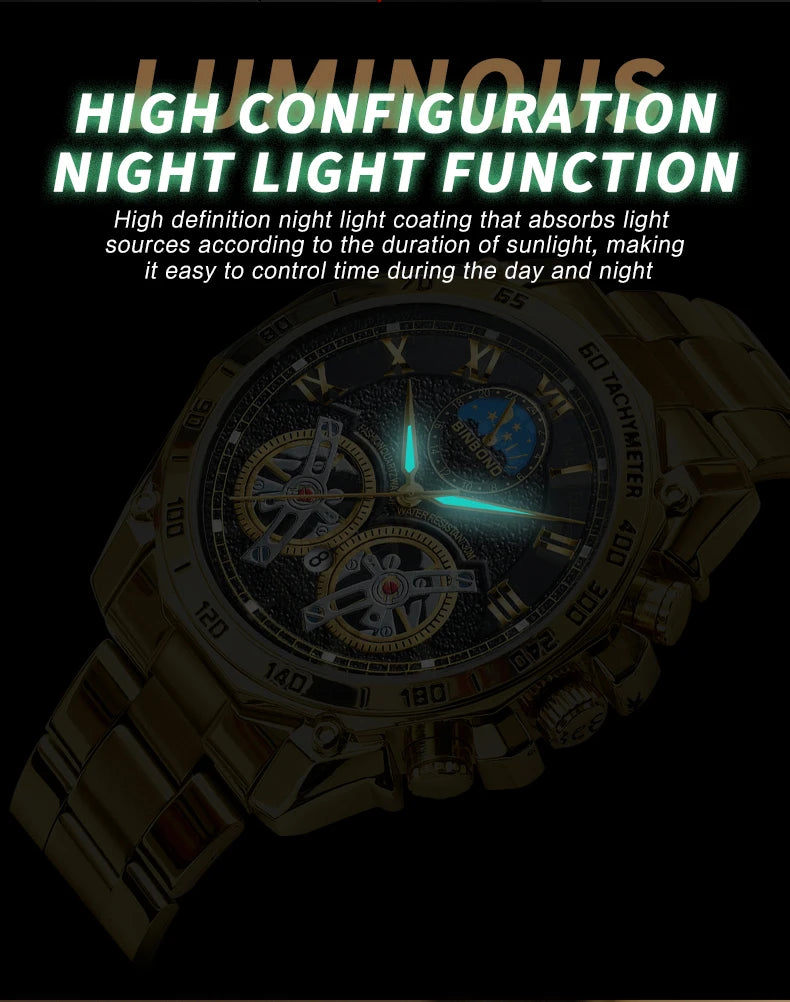 BINBOND Luminous Quartz Watches for Men Luxury Waterproof Accurate Auto Date Men's Watch Sturdy Stainless Steel Casual Reloj