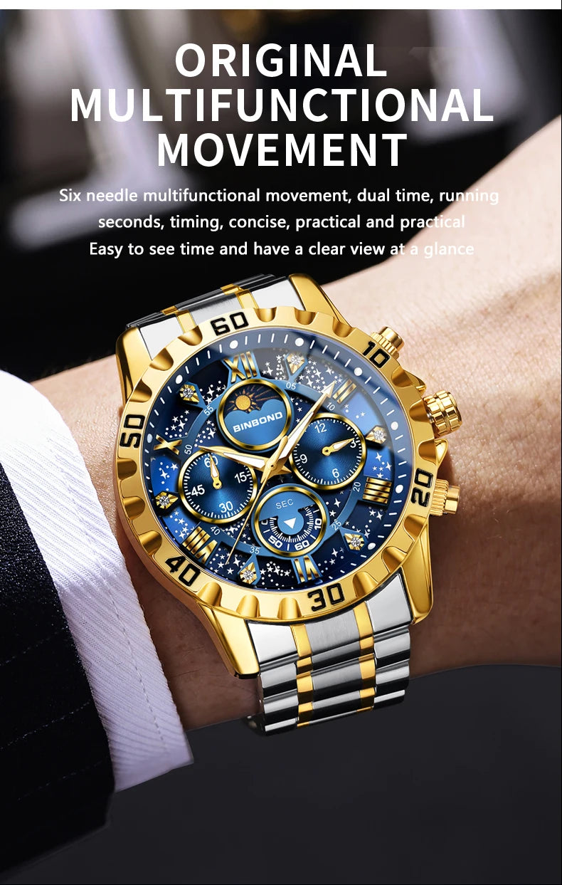 BINBOND Original Chnorograph Quartz Man Watch Waterproof Luminous Luxury Reloj Hombre Stainless Steel Moon Phase Men's Watches
