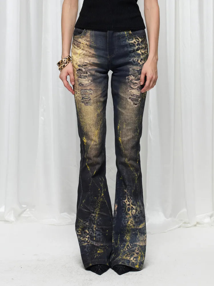 Women's Gothic Y2k Flared Jeans Summer Harajuku Trashy Ripped Denim Trousers Streetwear Baggy Jean Pants Vintage Emo Clothes