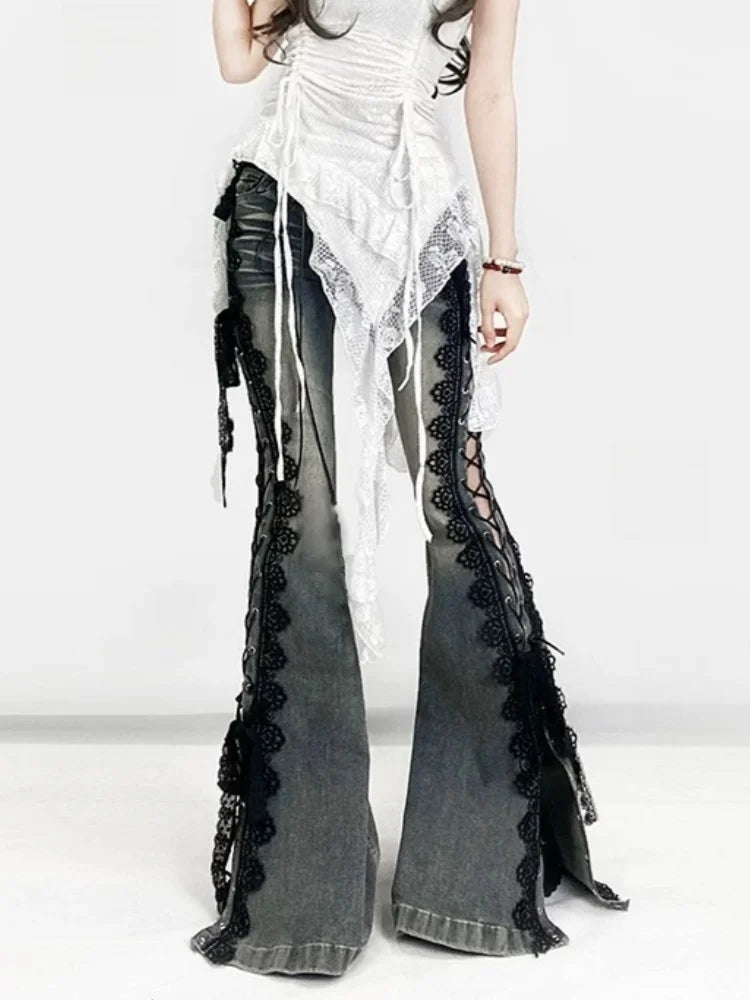 2025 Ropa Y2K Style Vintage Blue Black Lace Slim Flare Stacked Jeans Pants For Women Clothing Gothic Hotsweet New Denim Trousers
