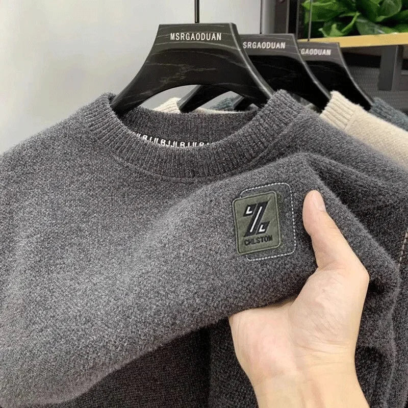 Men's Sweatercoat Autumn Winter O-Neck Knit Letter Plush Fleece Lined Warm Wool Pullover Sweater Men Bottoming Pullovers Jumper
