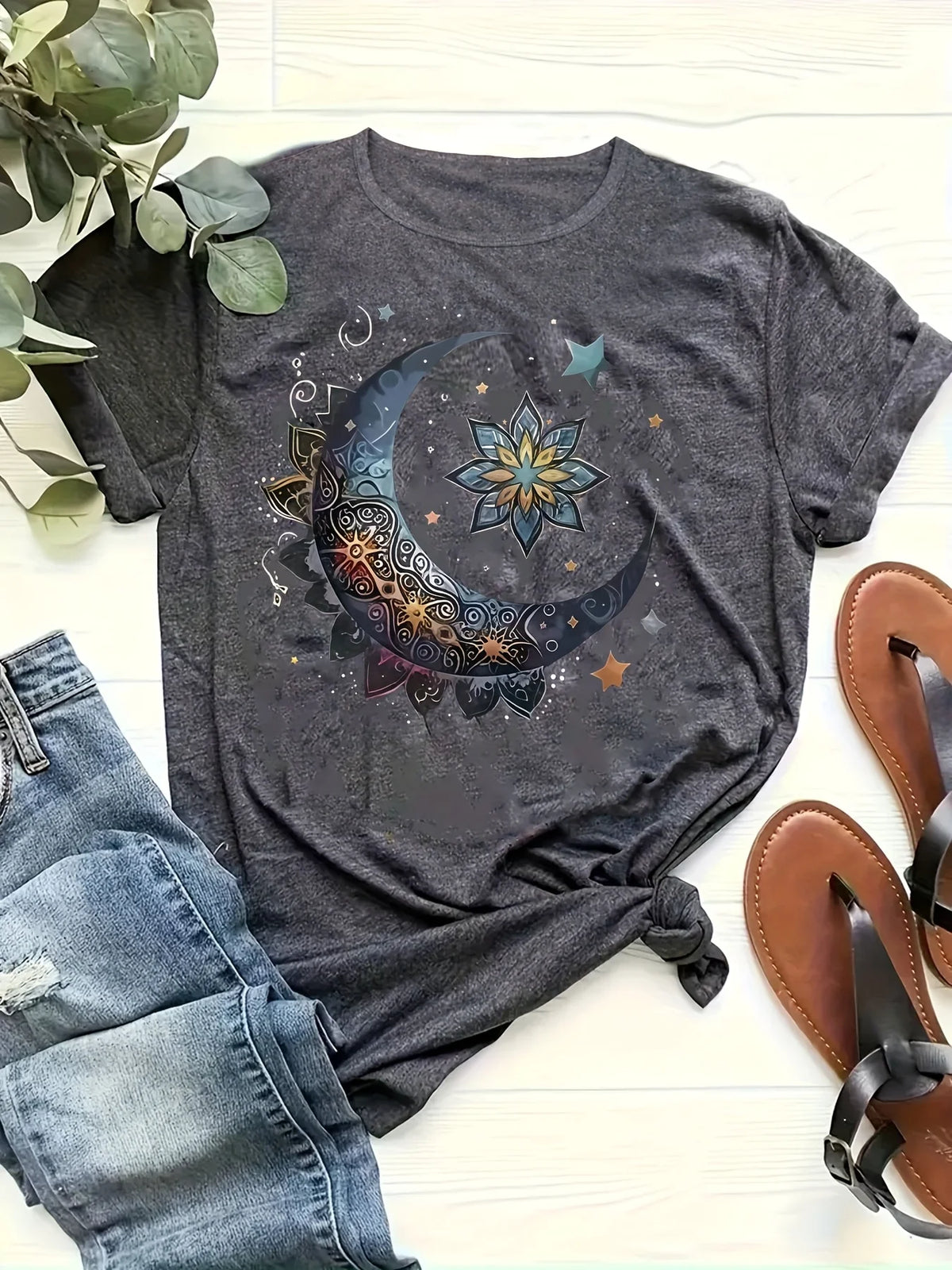 Moon Mandala Women's Tee - Boho Celestial Graphic, Casual Dark Gray Top