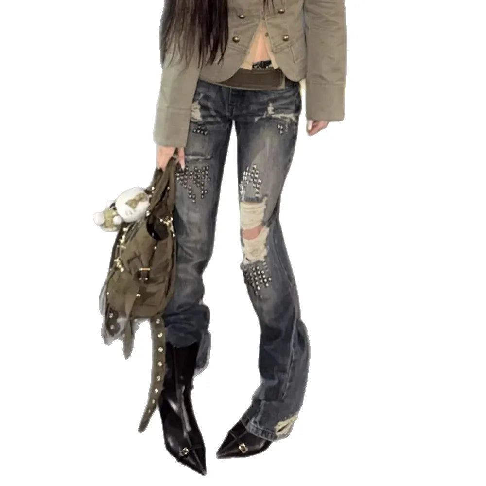 ONE TO WAN Women Vintage Ripped Y2k Jeans Streetwear Retro Rivet Hole Design Denim Pants High Street Grunge Trousers Pantalones