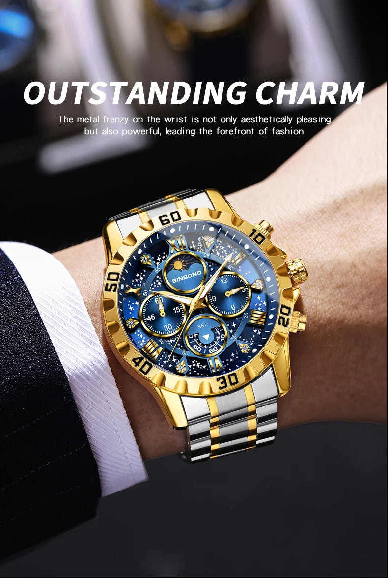 BINBOND Original Chnorograph Quartz Man Watch Waterproof Luminous Luxury Reloj Hombre Stainless Steel Moon Phase Men's Watches