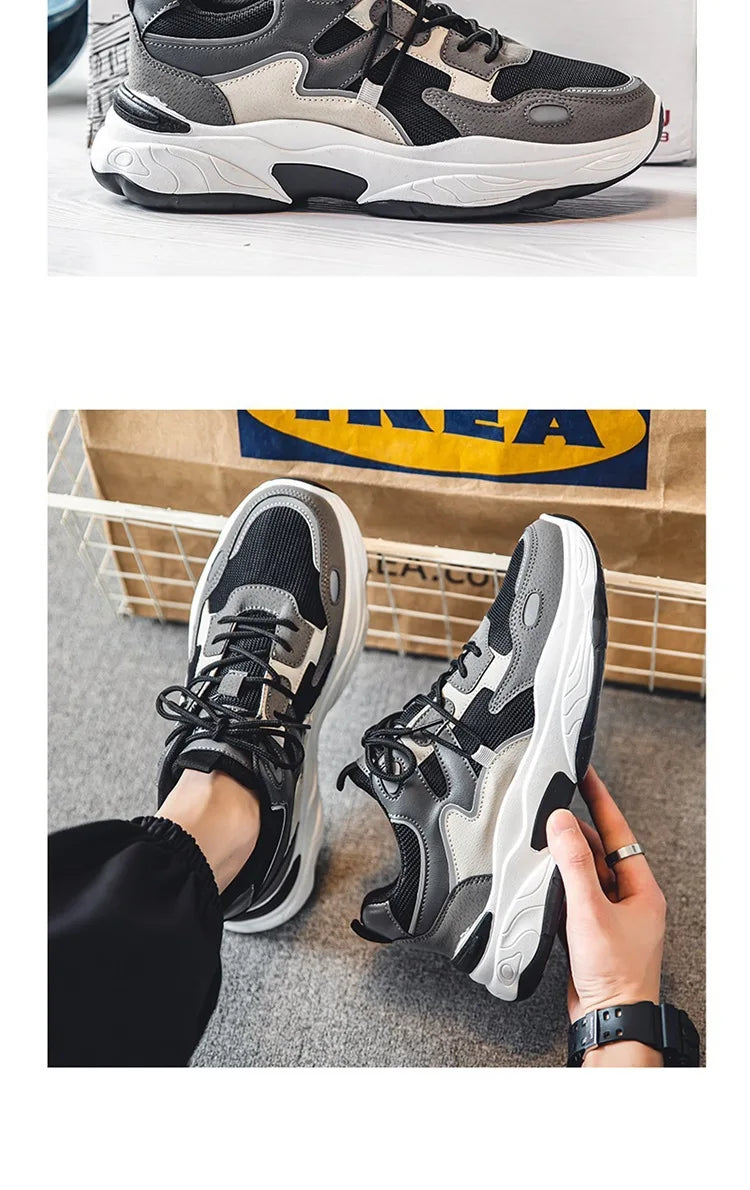 Men White Blue Red Color Block Dad Sneakers, Lace Up Breathable Light Thick Sole Comfort Outdoor Trend Casual Sports Shoes