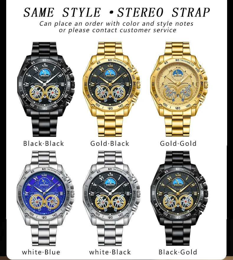BINBOND Luminous Quartz Watches for Men Luxury Waterproof Accurate Auto Date Men's Watch Sturdy Stainless Steel Casual Reloj