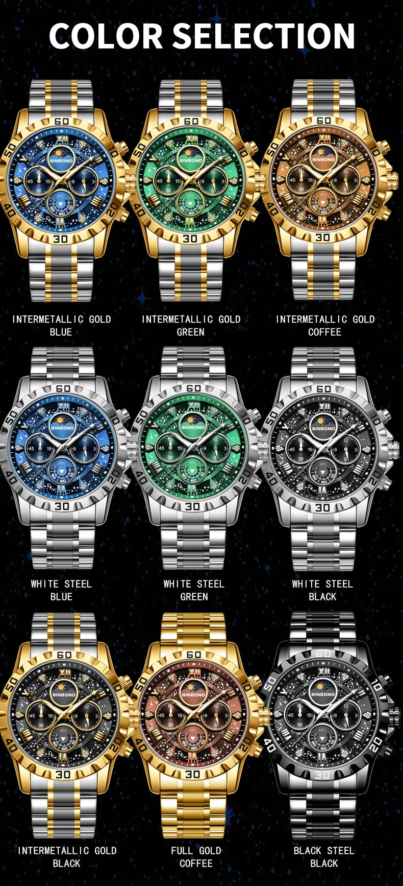 BINBOND Original Chnorograph Quartz Man Watch Waterproof Luminous Luxury Reloj Hombre Stainless Steel Moon Phase Men's Watches