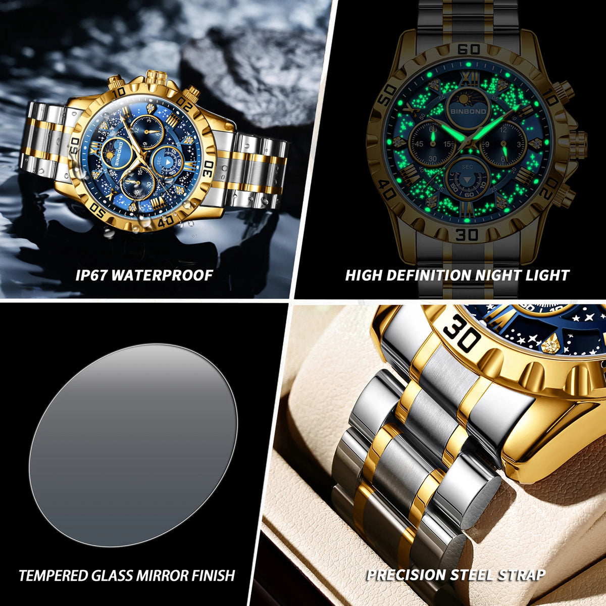 BINBOND Original Chnorograph Quartz Man Watch Waterproof Luminous Luxury Reloj Hombre Stainless Steel Moon Phase Men's Watches