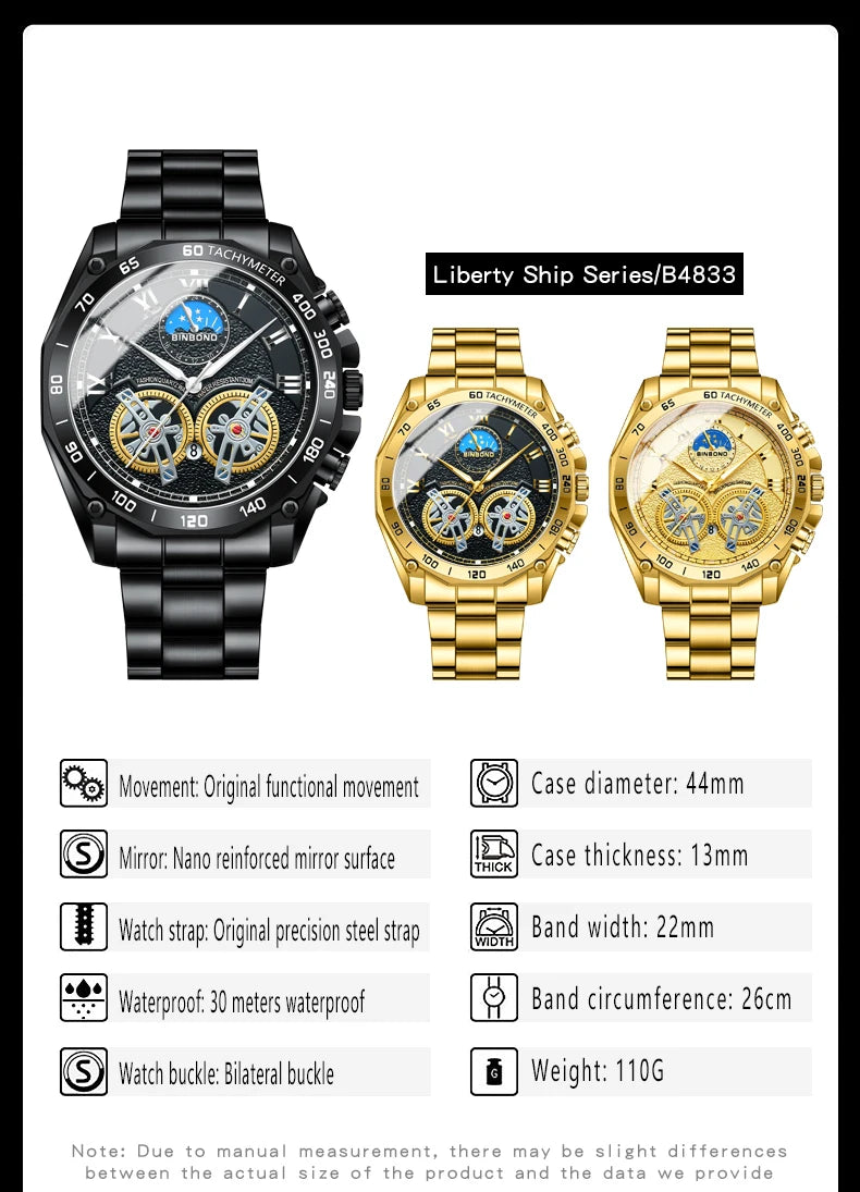BINBOND Luminous Quartz Watches for Men Luxury Waterproof Accurate Auto Date Men's Watch Sturdy Stainless Steel Casual Reloj