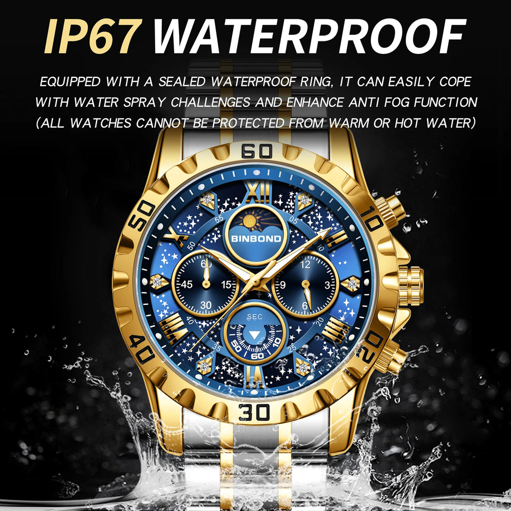 BINBOND Original Chnorograph Quartz Man Watch Waterproof Luminous Luxury Reloj Hombre Stainless Steel Moon Phase Men's Watches