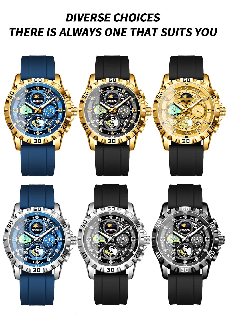 BINBOND Luxury Quartz Watches For Men Luminous Waterproof Auto Date Chronograph Men's Watch Business Sport Fashion Casual Reloj
