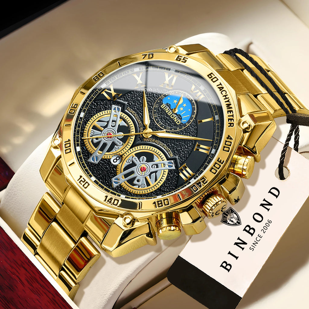 BINBOND Luminous Quartz Watches for Men Luxury Waterproof Accurate Auto Date Men's Watch Sturdy Stainless Steel Casual Reloj
