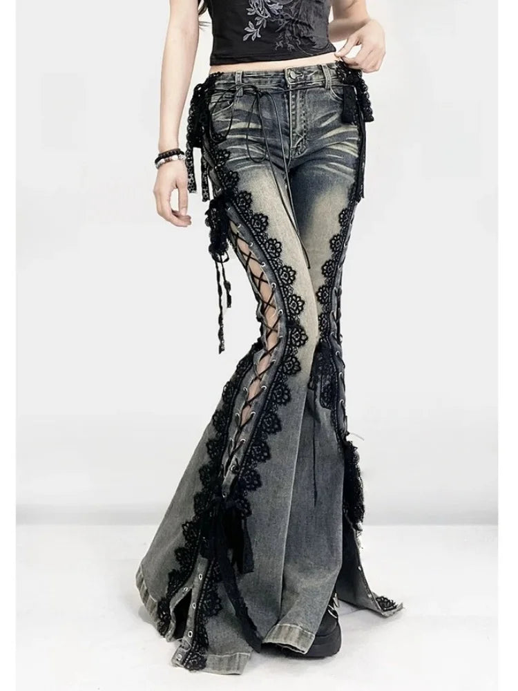 2025 Ropa Y2K Style Vintage Blue Black Lace Slim Flare Stacked Jeans Pants For Women Clothing Gothic Hotsweet New Denim Trousers